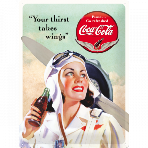 Metalskilt “Coca-Cola – Takes Wings Lady” 30×40 cm.
