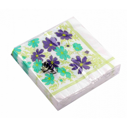 Serviet 3-lags 33x33 cm. pk./20 stk. "Jadegrøn/Lilla blomster"