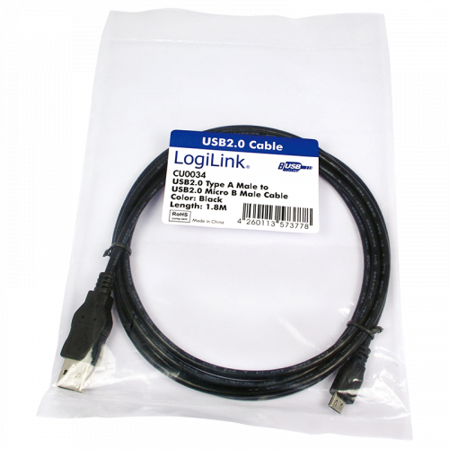 USB kabel A/M til Micro B/M, sort 1,80 mtr.