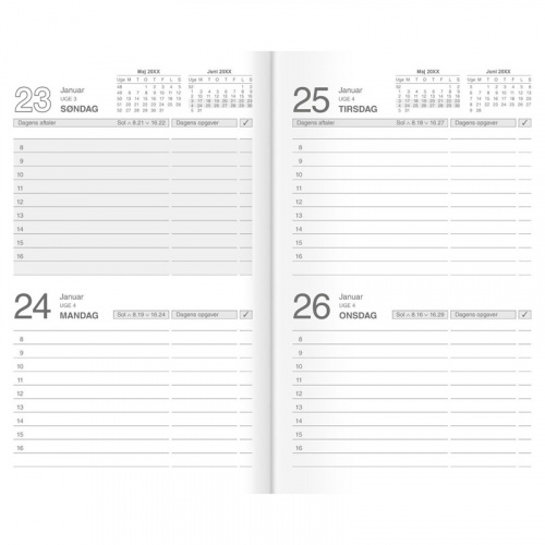 Noteringskalender 2026, sort 10×16 cm. 2 dage/side