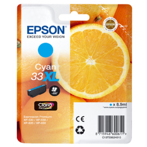 Blækpatron Epson 33 XL Cyan, T3362 (8,9 ml.)