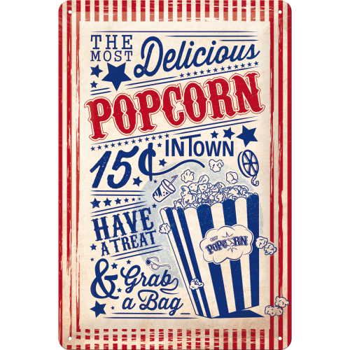 Metalskilt “Delicious Popcorn” 20×30 cm.