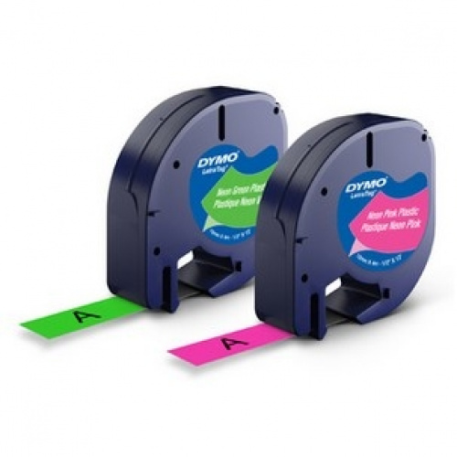 Dymo Letratag labeltape 12mm. neongrøn + neonrød (2-pak)