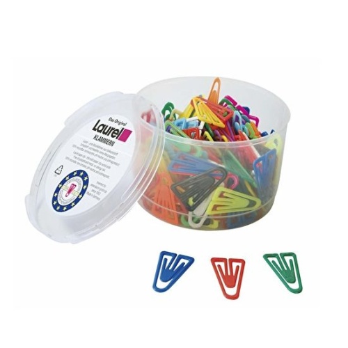 Trekantede Laurel plastclips i assorterede farver i og foran en åben beholder