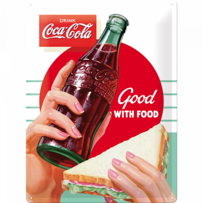 Metalskilt “Coca-Cola Good With Food” 30×40 cm.