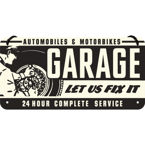Metalskilt m/snor “GARAGE Let us fix it”