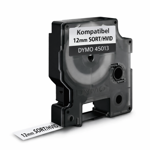 Dymo kompatibel D1 tape 12 mm sort på hvid labeltape 7 meter
