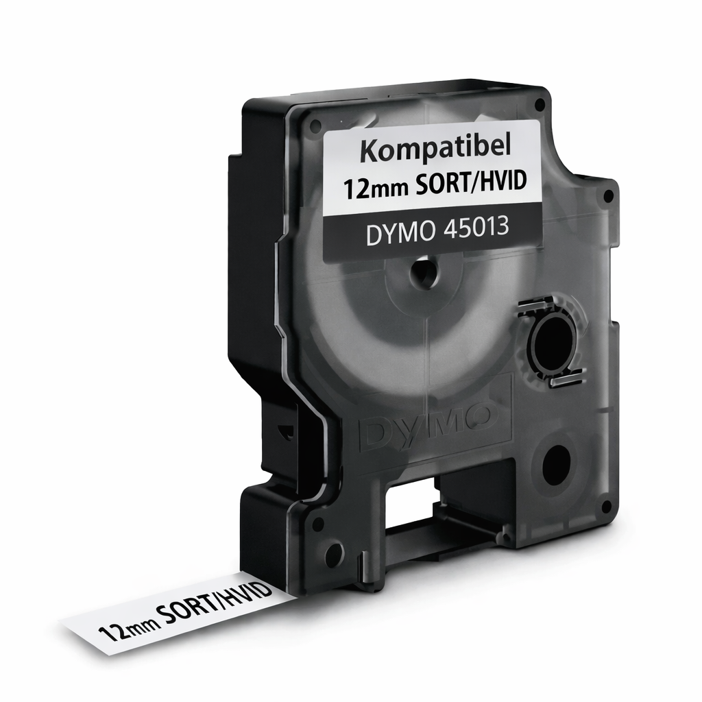 Dymo Kompatibel D1 tape 12 mm. sort/hvid (PF-D45013) Dymo kompatibel D1 tape 12 mm sort på hvid labeltape 7 meter