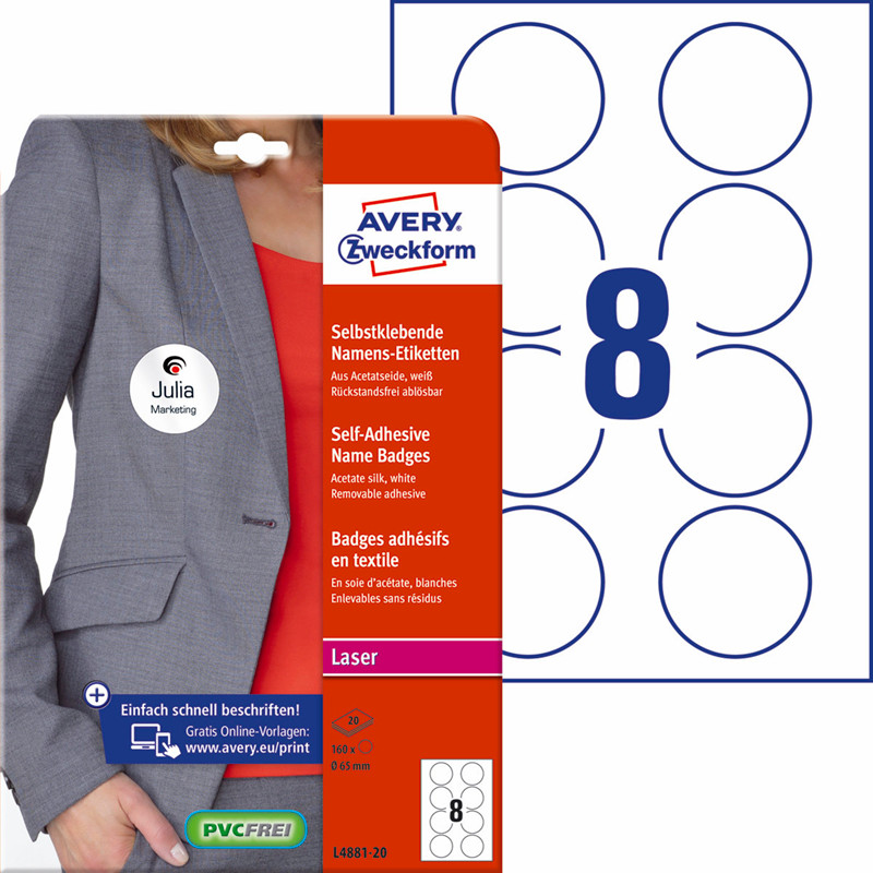 Navneskilt Avery selvklæbende Ø65 mm. t/laser 160 stk/pak. L4881-20 Navneskilt Avery selvklæbende Ø65 mm. t/laser 160 stk/pak. L4881-20 - Image 1