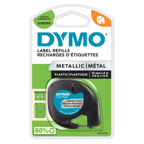 Dymo Letratag labeltape 12mm. sort på metallic S0721730