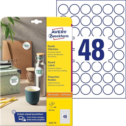 Multilabels Avery 6223, Ø30 mm. 10 ark. Hvid
