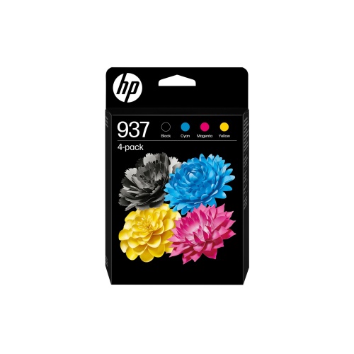 Original HP 937 sampakke med sort, cyan, magenta og gul blækpatron.