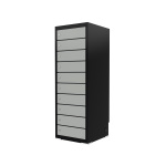 PC-skab med 10 rum og opladning via Schuko, USB-A og USB-C. Robust stålskab med lås og fleksibel montering.