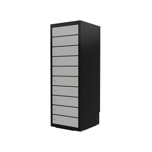 PC skab med 10 rum, inkl. opladning og cylinderlås PC-skab med 10 rum og opladning via Schuko, USB-A og USB-C. Robust stålskab med lås og fleksibel montering.