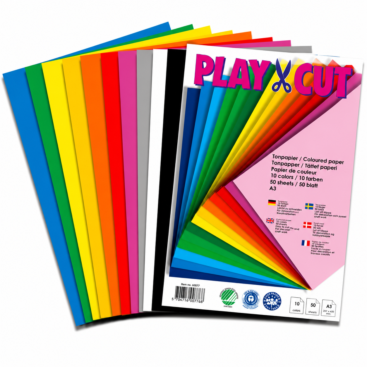 Karton A4 PLAYCUT 220g – 50 Ark i 10 Farver | 100% Genbrug & Svanemærket PLAYCUT karton A4 220g med 50 ark i 10 forskellige farver