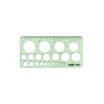 grøn transparent cirkelskabelon med 22 cirkler fra 3 mm til 40 mm og indbygget lineal til tegning og skolebrug