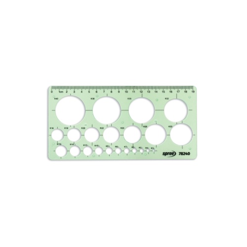 grøn transparent cirkelskabelon med 22 cirkler fra 3 mm til 40 mm og indbygget lineal til tegning og skolebrug