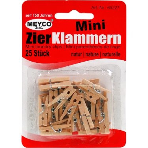 Mini træklemmer 25 mm i lyst træ pakke med 25 stk til hobby, dekoration og bordpynt