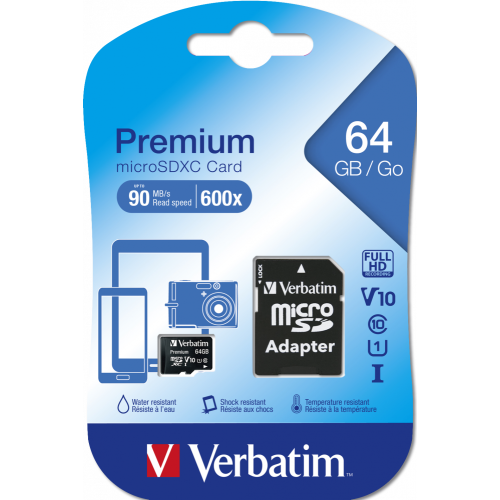 Verbatim Micro SDXC 64GB Class 10 hukommelseskort med SD-adapter.