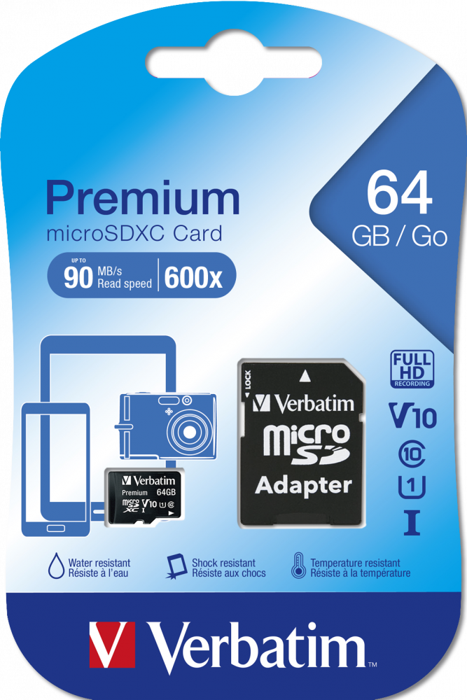 Hukommelseskort Verbatim Micro SDXC Card 64GB Class 10 med Adapter Verbatim Micro SDXC 64GB Class 10 hukommelseskort med SD-adapter.