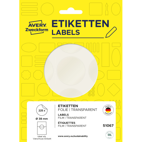Avery 51067 transparente runde forseglingsetiketter Ø38 mm med permanent klæb.