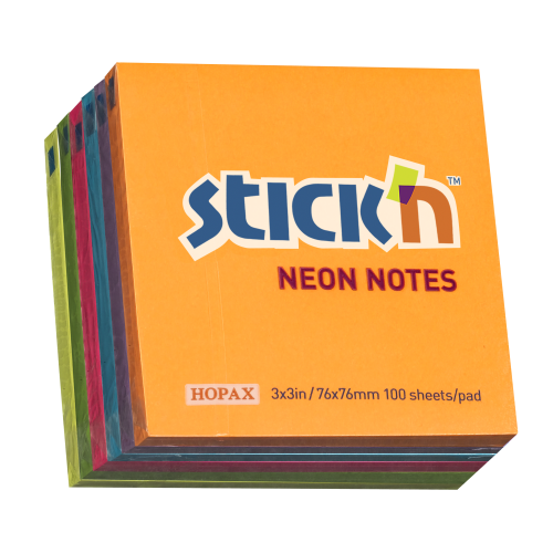 Stick'n Notesblok 76x76 mm med 100 ark i assorterede neonfarver, 6-pak.