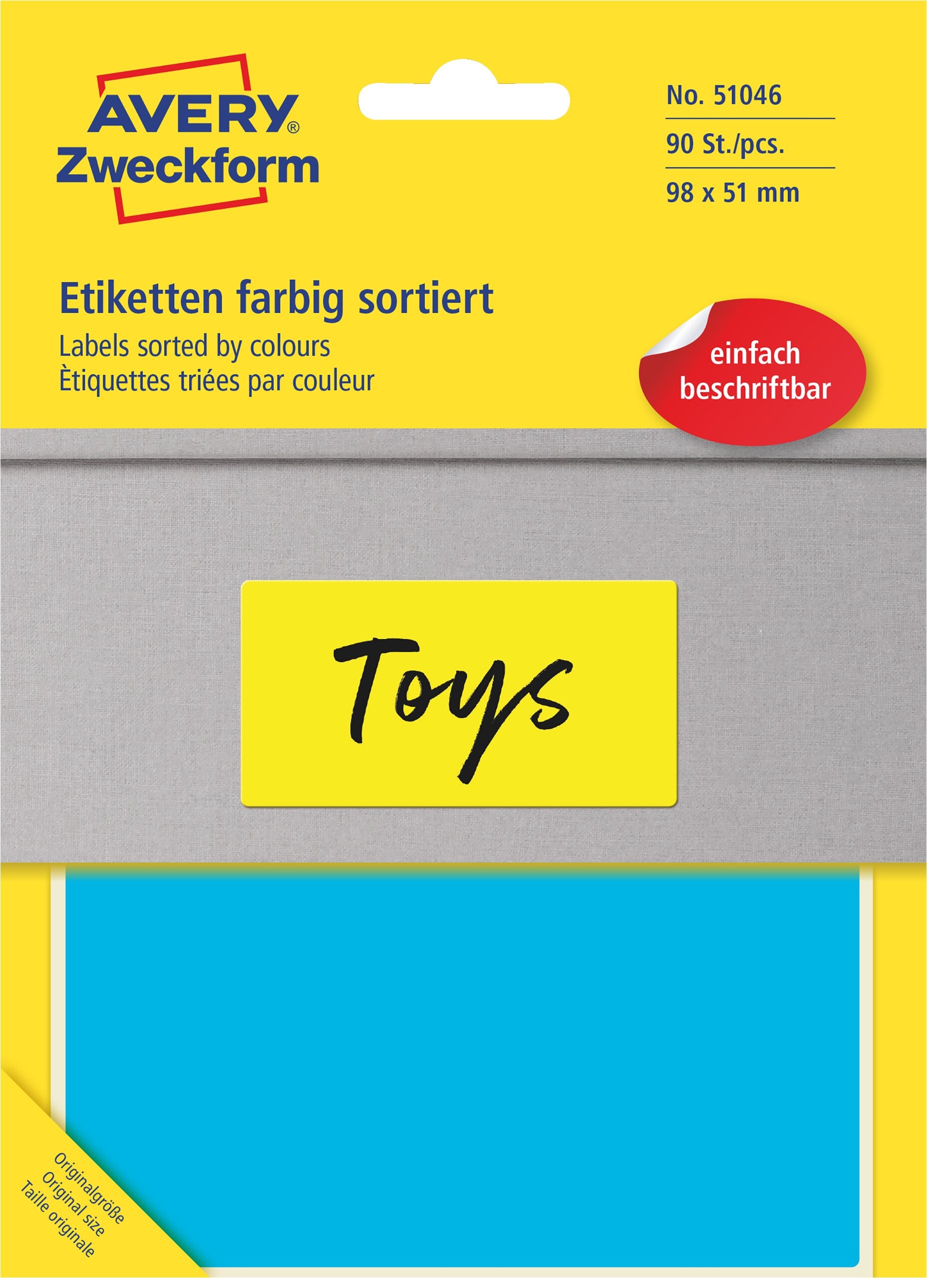 Farvede etiketter Avery 51046 98 x 51 mm – 5 farver – 90 stk. Avery 51046 farvesorterede etiketter 98 x 51 mm i fem farver