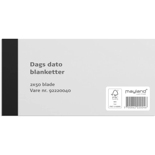 Mayland Dags Dato blok med 2 x 50 nummererede blanketter og kopi.