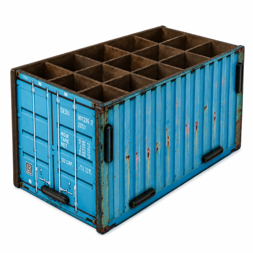 Werkhaus blå blyantholder i containerdesign til penne og kontorartikler.